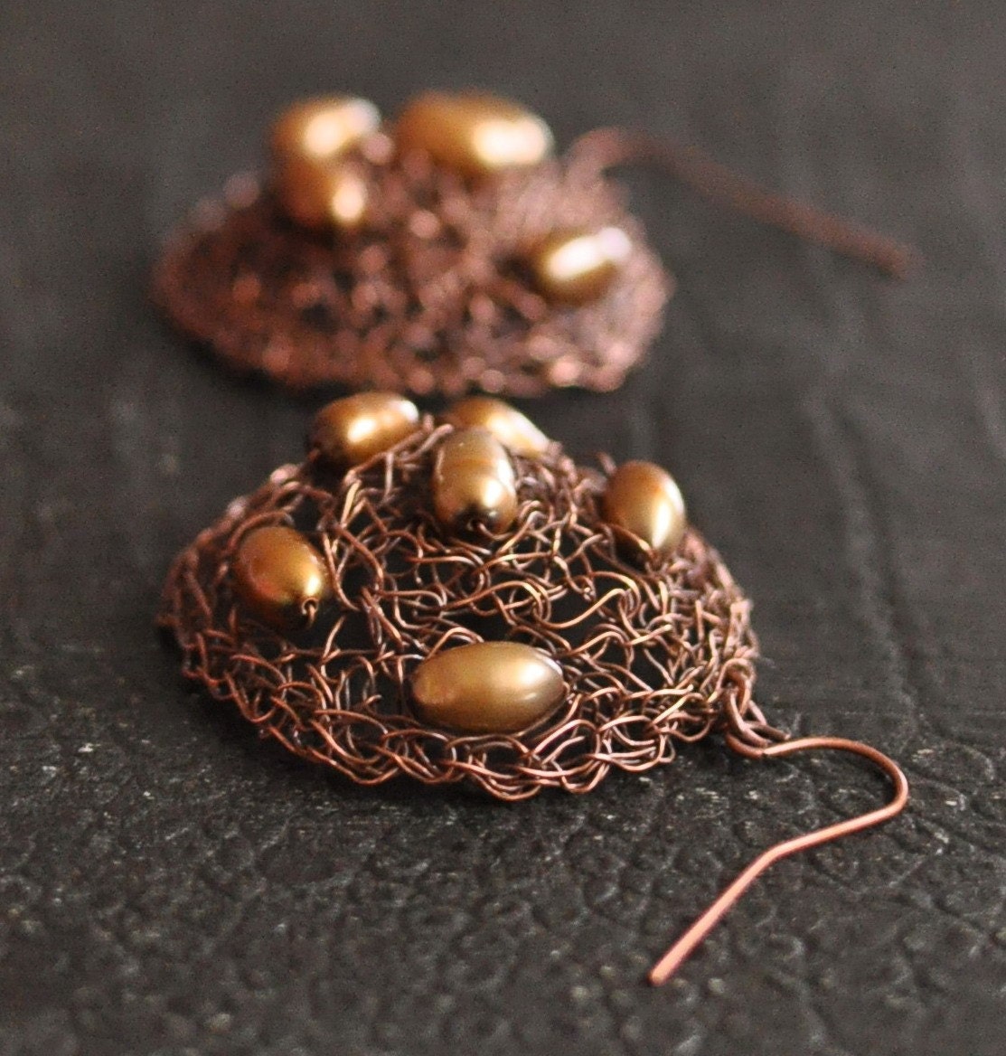 Earrings - antiqued copper handwoven sculpture  with natural freshwater pearls - Chocolate Cookies