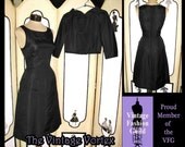 Vintage Late 1950s 50s Cocktail Dress Set in Black Silk Faille and Organza. S Small. US Shipping Included.