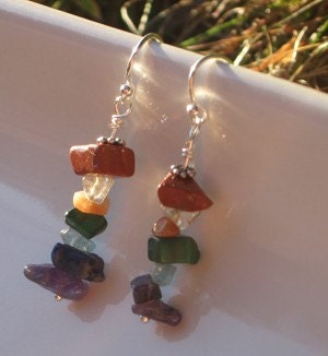 Sterling silver and rainbow gemstone chip chakra earrings
