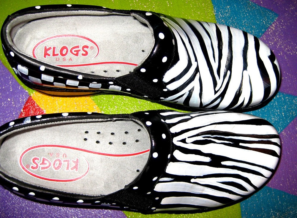 HAND painted Leather clog Zebra motif