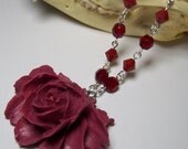 Blood Love- Matte Maroon Red Rose Cabochon Antique Silver Red Siam Czech Glass Coral Red Swarovski Crystals Steampunk Necklace Pendant
