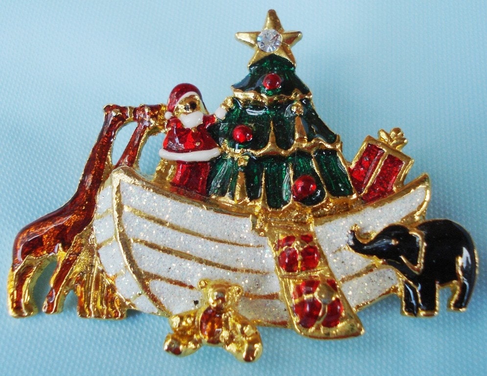 Vintage Christmas Santa's Ark Gold and Enamel Brooch - Bear, Elephant, Santa, Giraffe, 1970