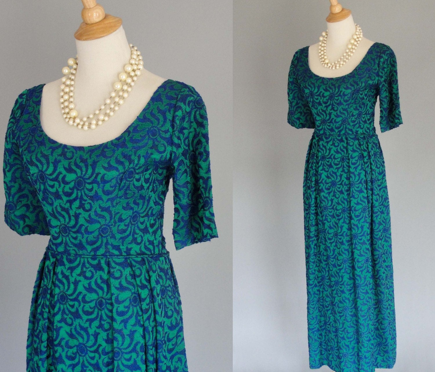 VINTAGE 1960s Navy and Teal Green Evening Frock with Brocade Fabric Maxi Dress