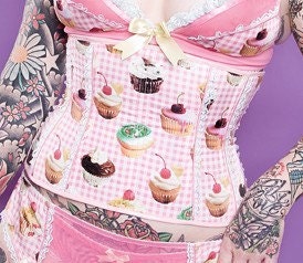 Pink Gingham Cupcakes Steel Boned Underbust Corset - Pick Your Size - Handmade Vegan Bridal - DISCOUNTED