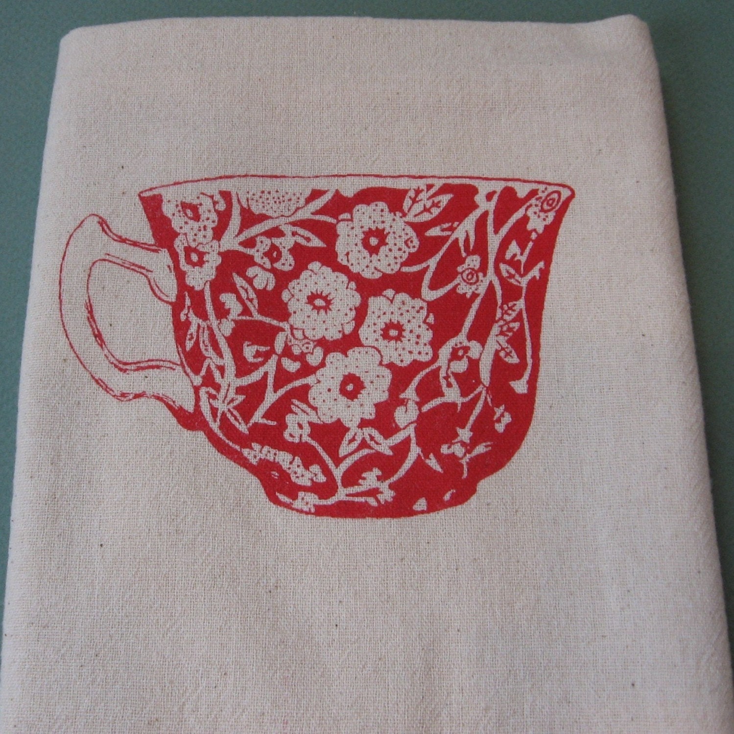 Tea Cup - Red Raspberry on Natural Flour Sack Dish Towel