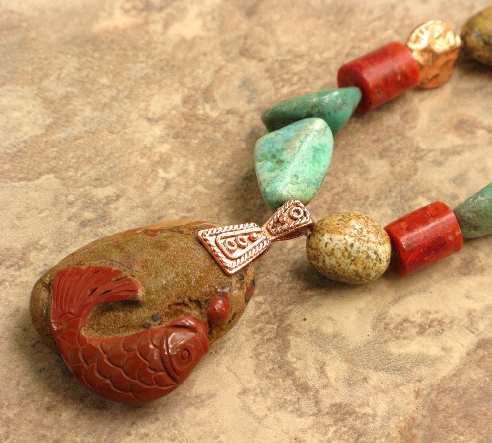 Turquoise, Copper and Coral Fish Pebble Necklace