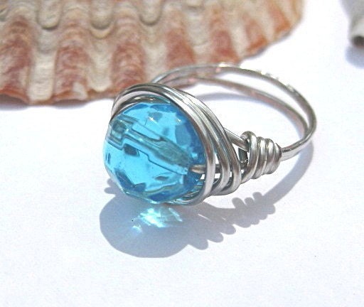 Turquoise blue ring, any size wire wrapped in silver