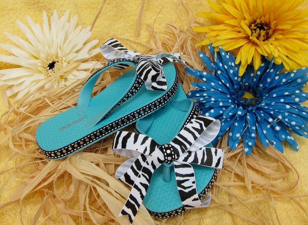 Turquoise Zebra Ribbon Flip Flops