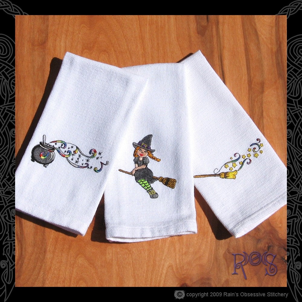 Witchy Embroidered Tea Towel Trio