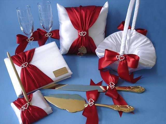 Wedding Guest Book Set, Flower Girl Basket, Ring Bearer Pillow, Toasting Flutes, Cake Serving Set,  Custom with Linked Hearts and Engraving