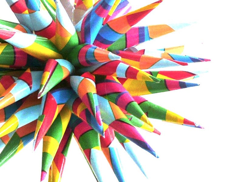 Kaleidoscope Paper Star Urchin Ornament Rainbow Colored Decoration red green blue orange yellow pink - 4 inch