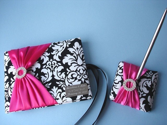 Damask Guest Book Wedding Set with your Custom Accent Color, Rhinestones and Personalized Engraving