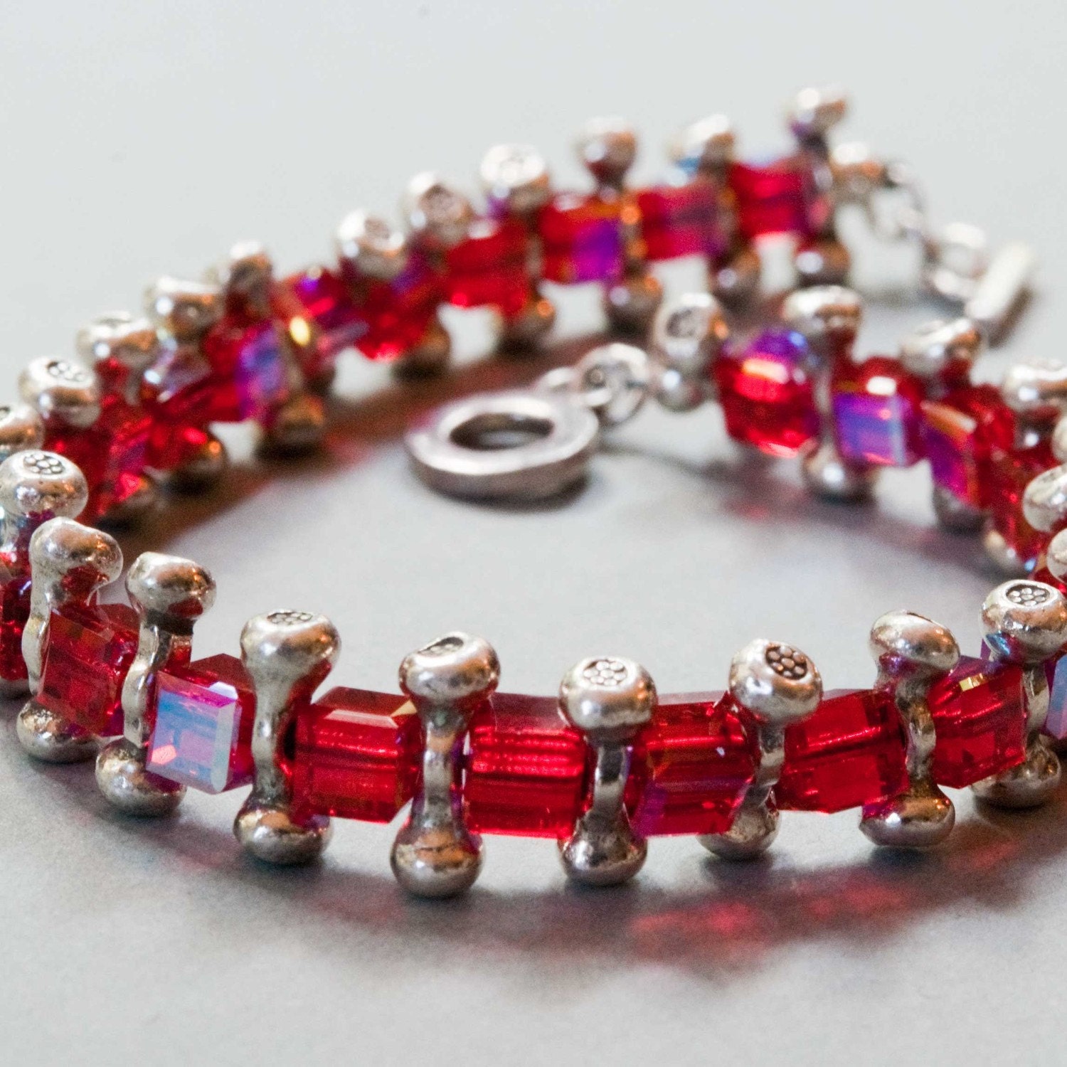 Siam Red Swarovski Crystal Cube Bracelet Fine Silver Moroccan Silver