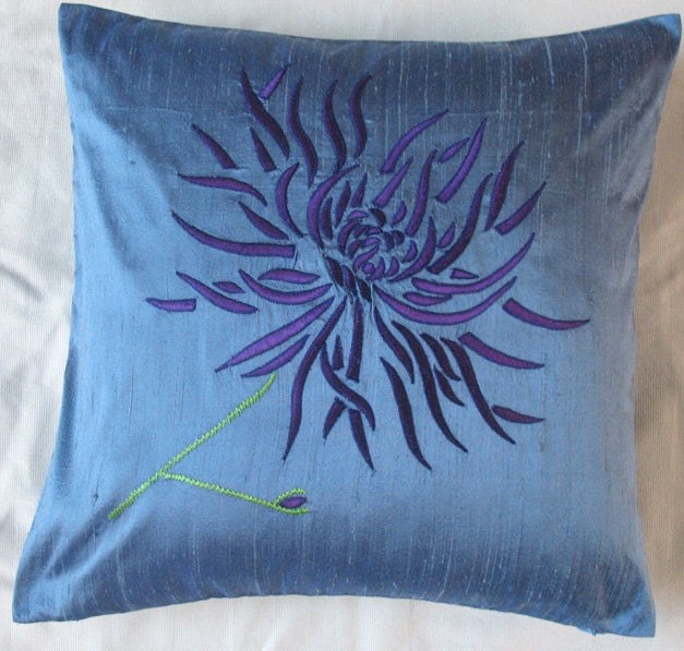 blue silk chrysanthemum throw pillow with violet embroidery 16X16 inch decorative cushion cover