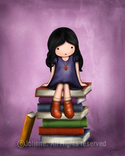 Art print for girls room or nursery , children housewares , girl sitting on books yellow  library children room decor