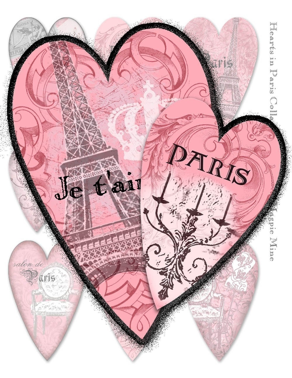 Paris Hearts Collage Sheet - Perfect for Valentines - Digital Download - Pink Black and White Shabby Chic
