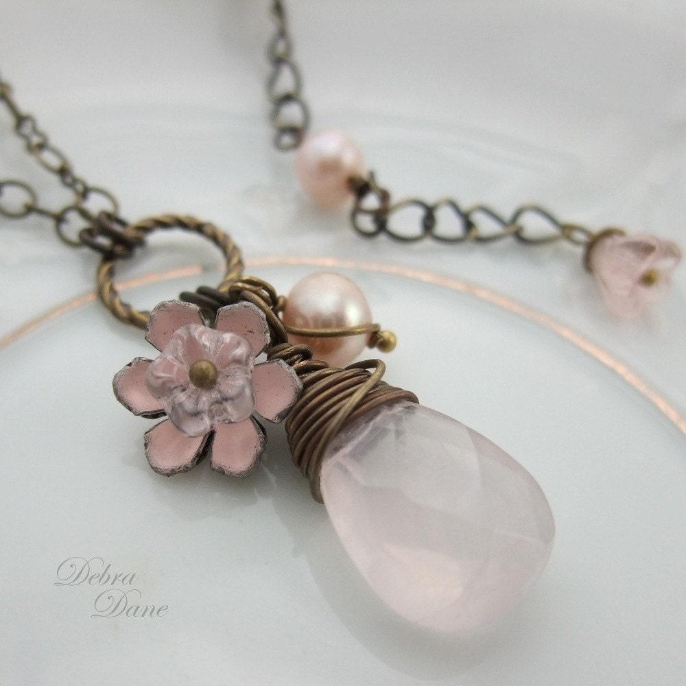 Rose Quartz Necklace Pink Gemstone Pendant Antique Brass Necklace Brass Vintage Style Necklace