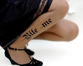 sexy HALLOWEEN BITE ME tattoo thigh-high stockings cafe latte