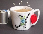Emery Pincushion / Pin Cushion -  Felt Cup of Hot Tea Personalized Monogram