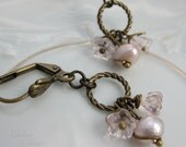 Pink Freshwater Pearl Earrings Czech Glass Flower Vintage Style Antique Brass