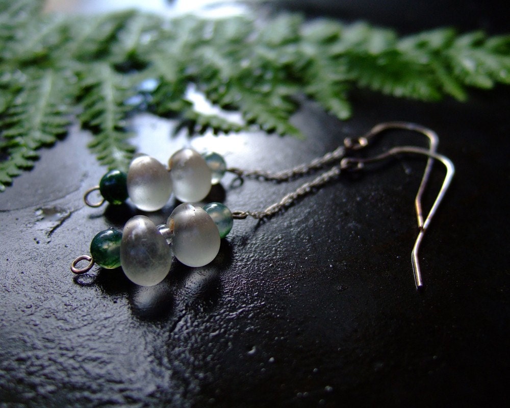 First Frost, moss agate, glass, and silver earrings