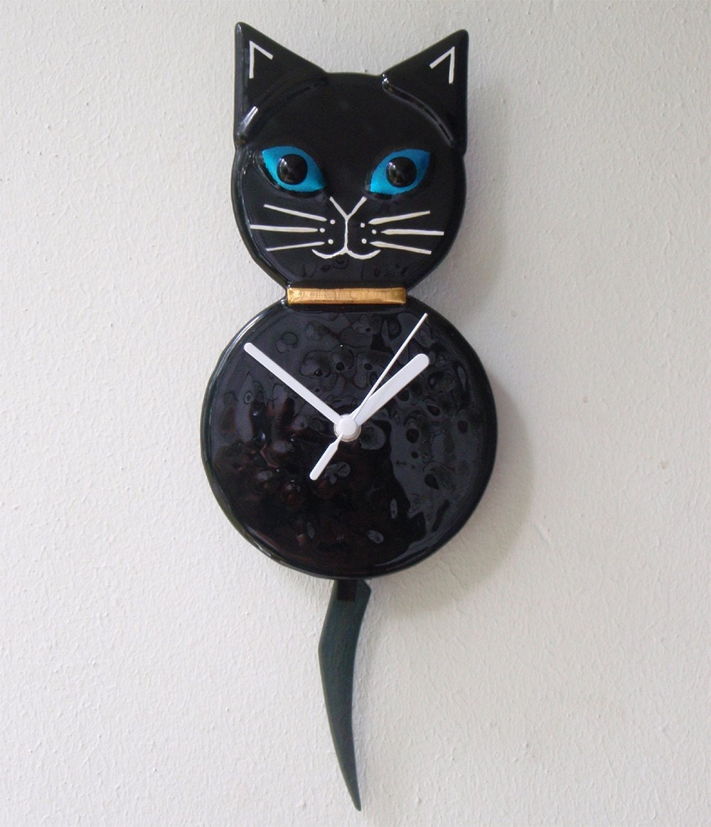 BLACK FUSED GLASS PENDULUM CAT CLOCK