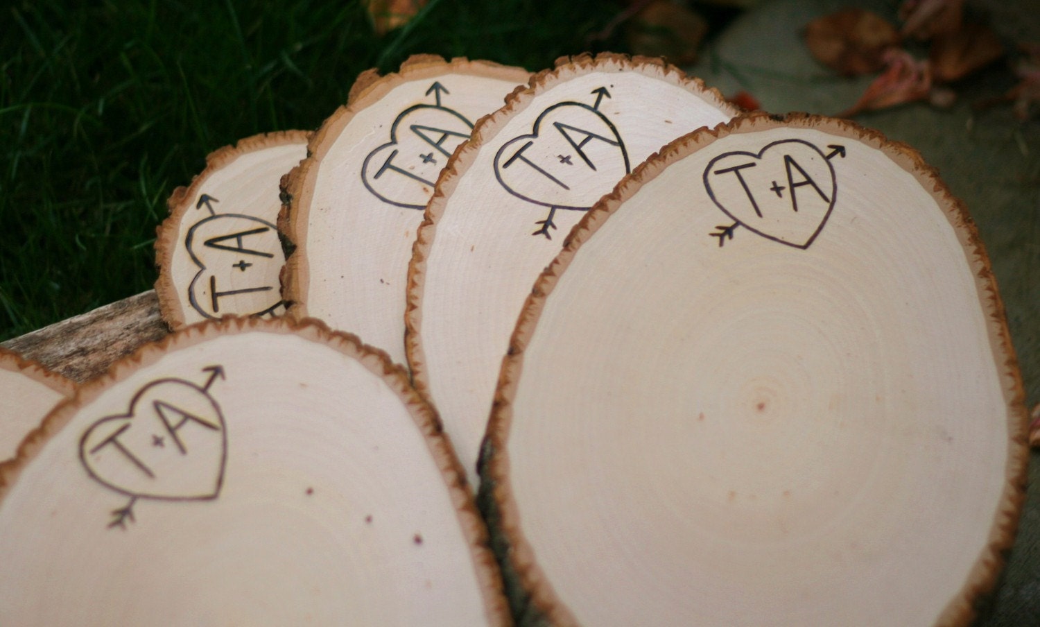 LARGE set of 12 Personalized Custom Engraved Heart and Arrow Wood Tree Slice Wedding Centerpiece