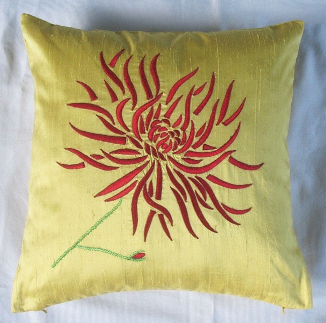Yellow Chrysanthemum throw pillow with red embroidery 16X16 inch decorative cushion cover