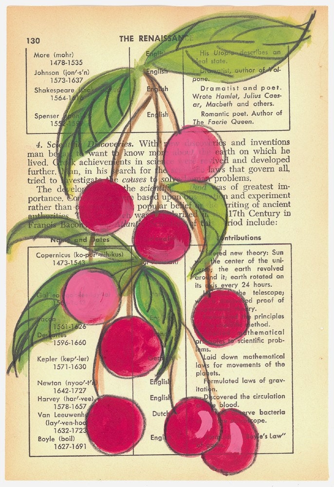 Cherries - Original Painting on Antique Book Paper (Cherry Blossom)