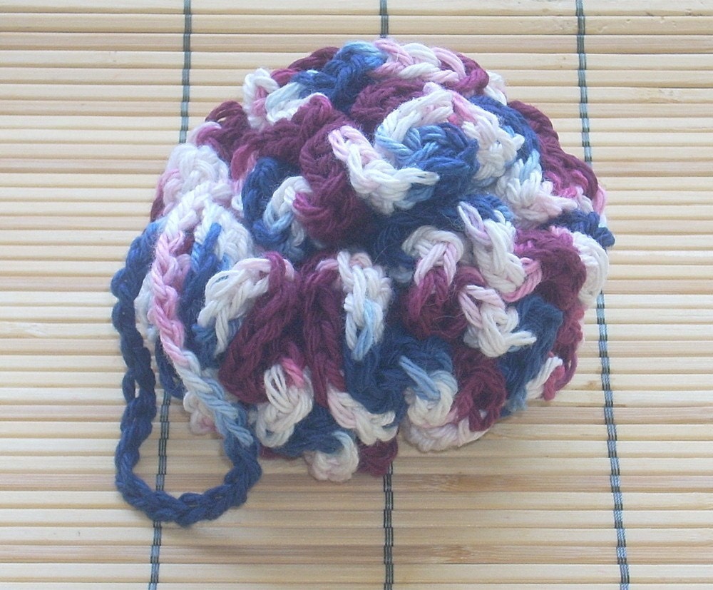 Crochet Cotton Bath/Shower Puff, Early Americana, Burgandy, Dark Blue, and White - 103