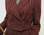 Fiercely Feminine Menswear Suit Vintage 80s Designer Mary McFadden Ladies Brown Pinstripe Bolero Jacket Cuffed Pants Pant Suit Sz 8 S M