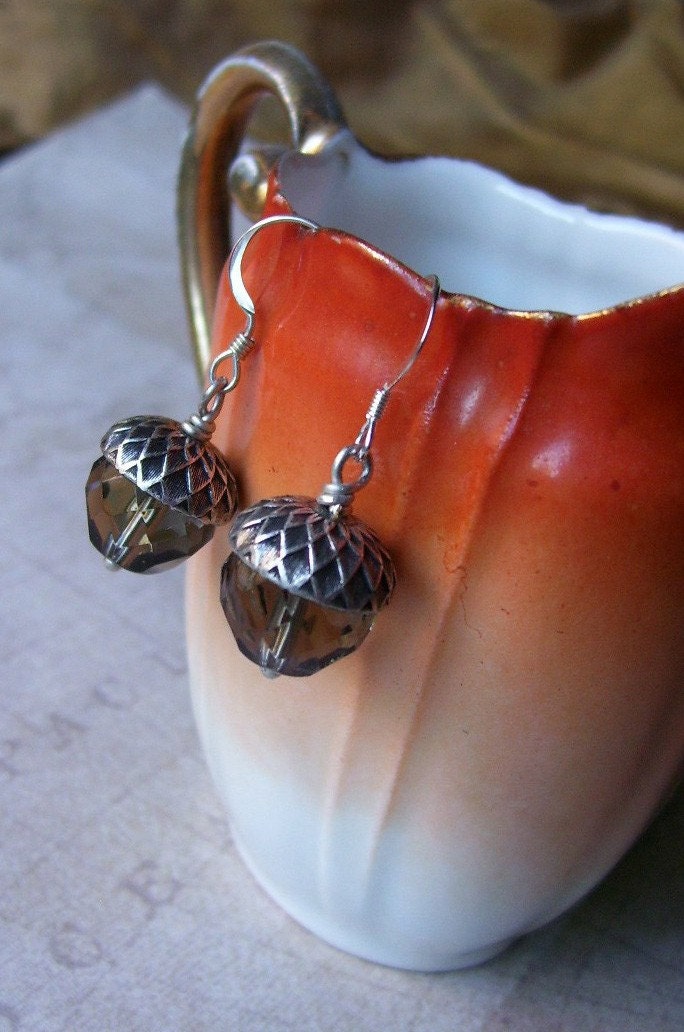 Antique Silver Glass Acorn Earrings