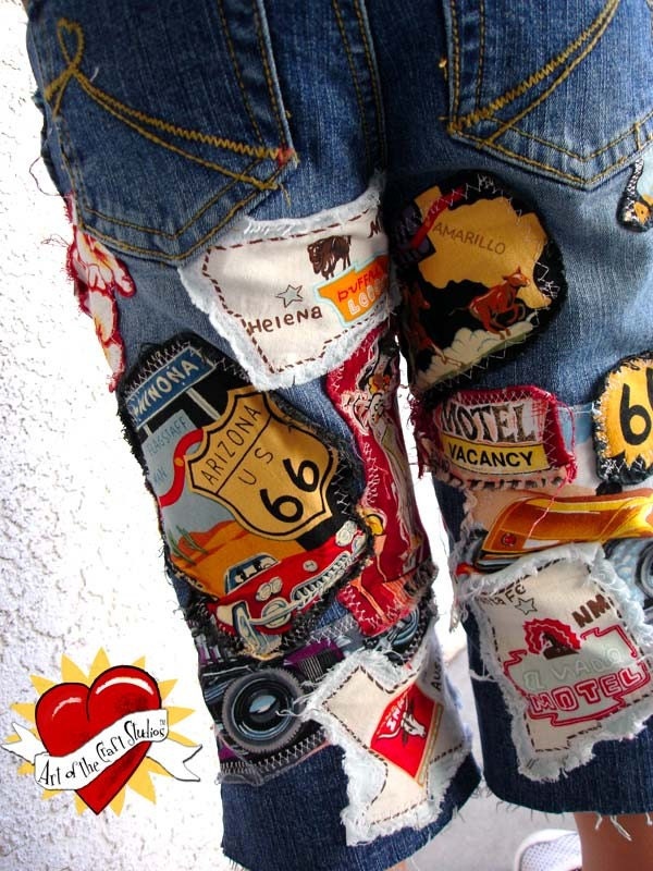 Custom Boutique Girls 3 piece Go West Route 66 Decopage Jeans Belt and Tshirt Set  in Sizes 2t 3t 4t 5t 6 Cropped or full length jeans