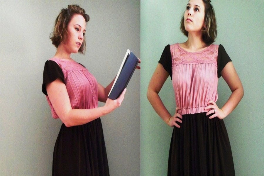 Lace yoke dress pink brown -Verity Blushing Bookworm