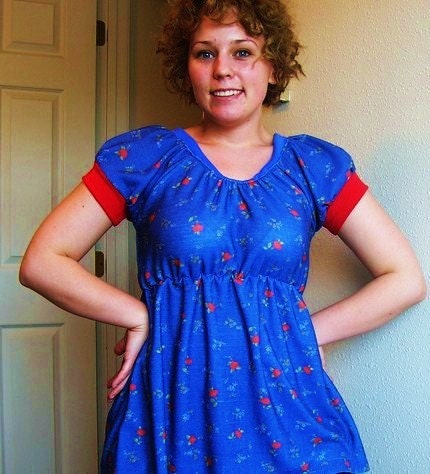 Babydoll shirt blue and red floral puff sleeve