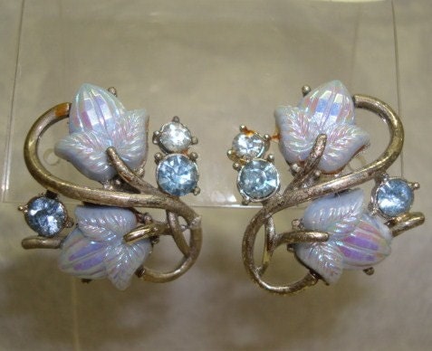 Gorgeous Vintage Coro Blue Leaf  and Rhinestone Earrings