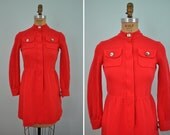 vintage wool dress 60s red screw button S/M