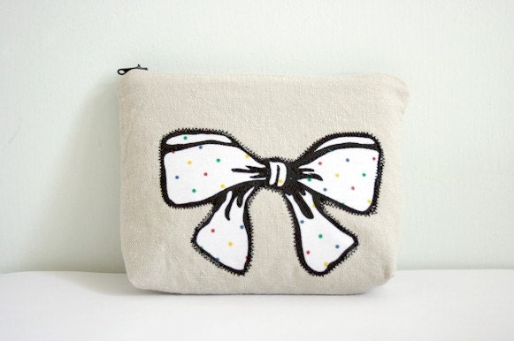 BOW make up bag case - polka dot on linen