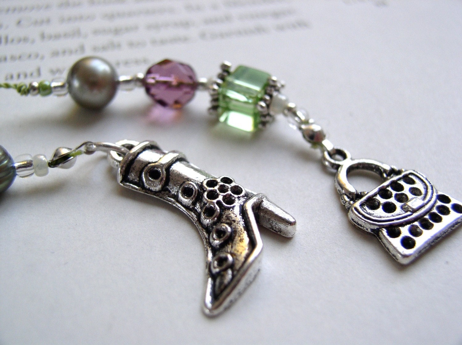 Fashion Chic Bookmark - Beaded Book Thong in Amethyst Purple and Peridot Green Glass with Silver and Pearl and Handbag and Boot Charms