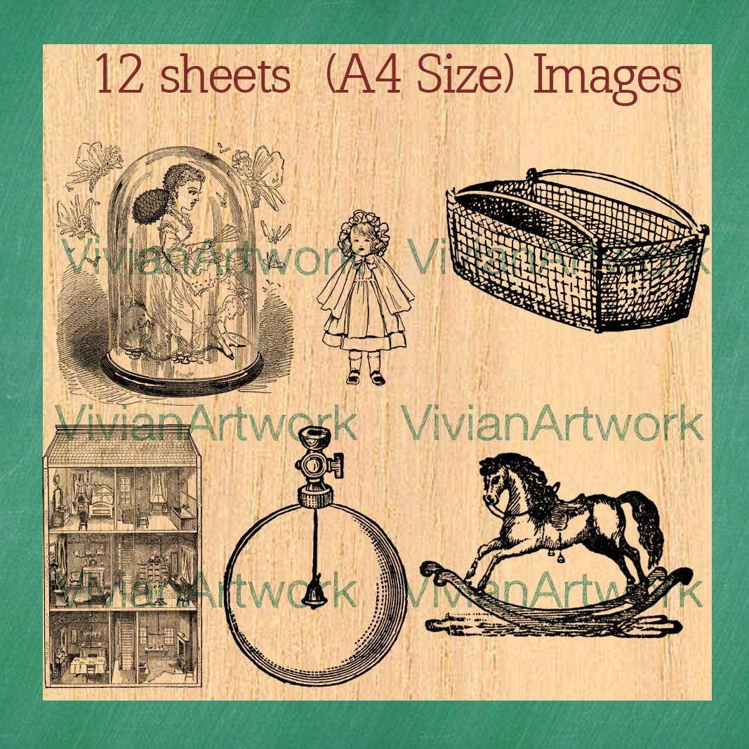 Toy Set 2 --- Vintage Digital Clip Arts Super Value Pack ( 6 in a set) for Rubber Stamp, Pillows, Tea Towels, Appron and Totes.