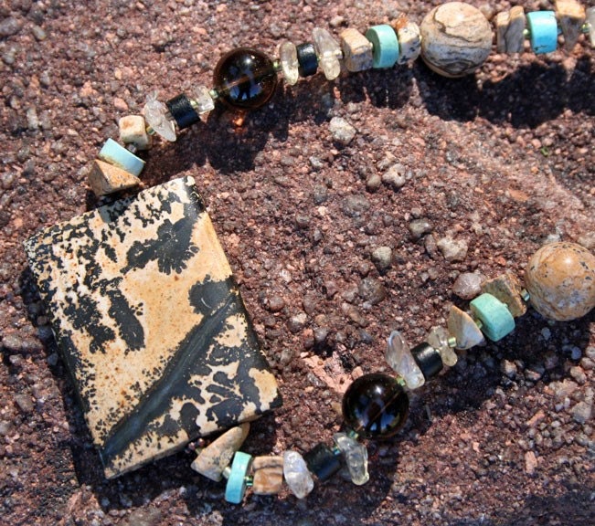 PRIMAL PATTERNS Necklace (Picture Jasper, Turquoise, Smoky Quartz, Citrine, Wood)