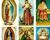 Antique Catholic Paintings II  domino sized digital collage sheet 1x2 in Lady of Guadalupe 25mm x 50mm rectangle pale green folk naïve
