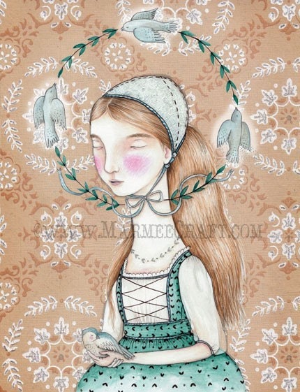Folk bird girl art print, "The Sacred Circle"