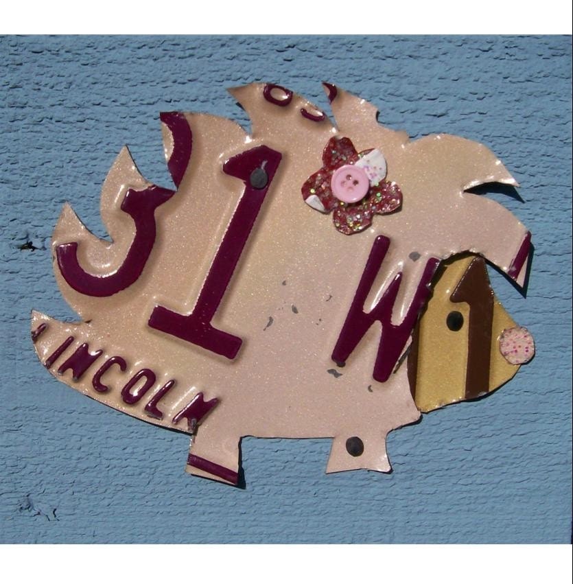 License Plate Art - Pink and Blue Happy Hedgehog - Fall Woodland Friend - Recycled Art Company - Salvaged Wood - Upcycled Artwork