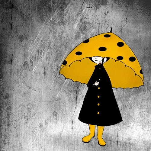 Rainy day - Girl with yellow umbrella on a gray day - Illustration print (4.7x4.7)