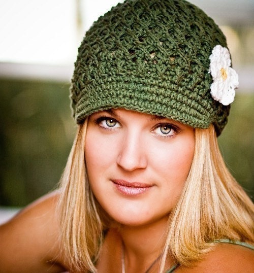 Adult Daisy Visor Beanie - army green, yellow, eggshell