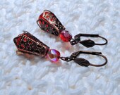 Vintage Style Earrings - Ruby Red Crystal & Copper Leverbacks