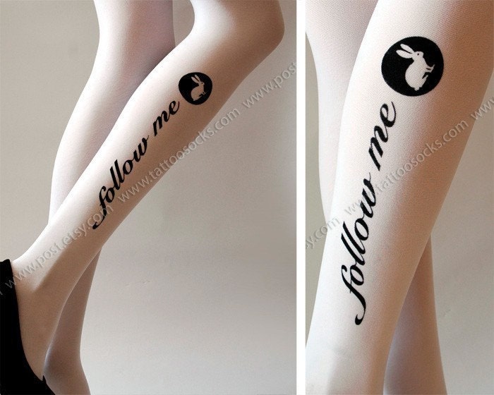 sexy follow me RABBIT version TATTOO thigh-high nylons white