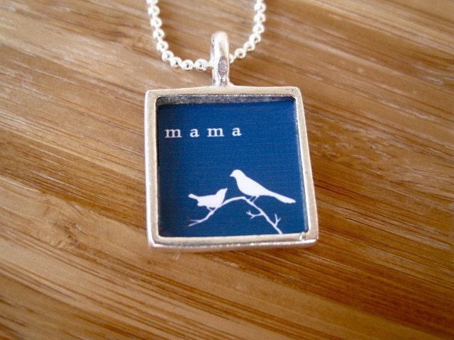 Silver Mama Necklace - Only Mama Will Do - Silver Square Bird Necklace by marleyjanedotcom on Etsy