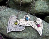 Personalized Sterling Silver Hand Stamped Heart Pendant Necklace with gemstone charms Custom